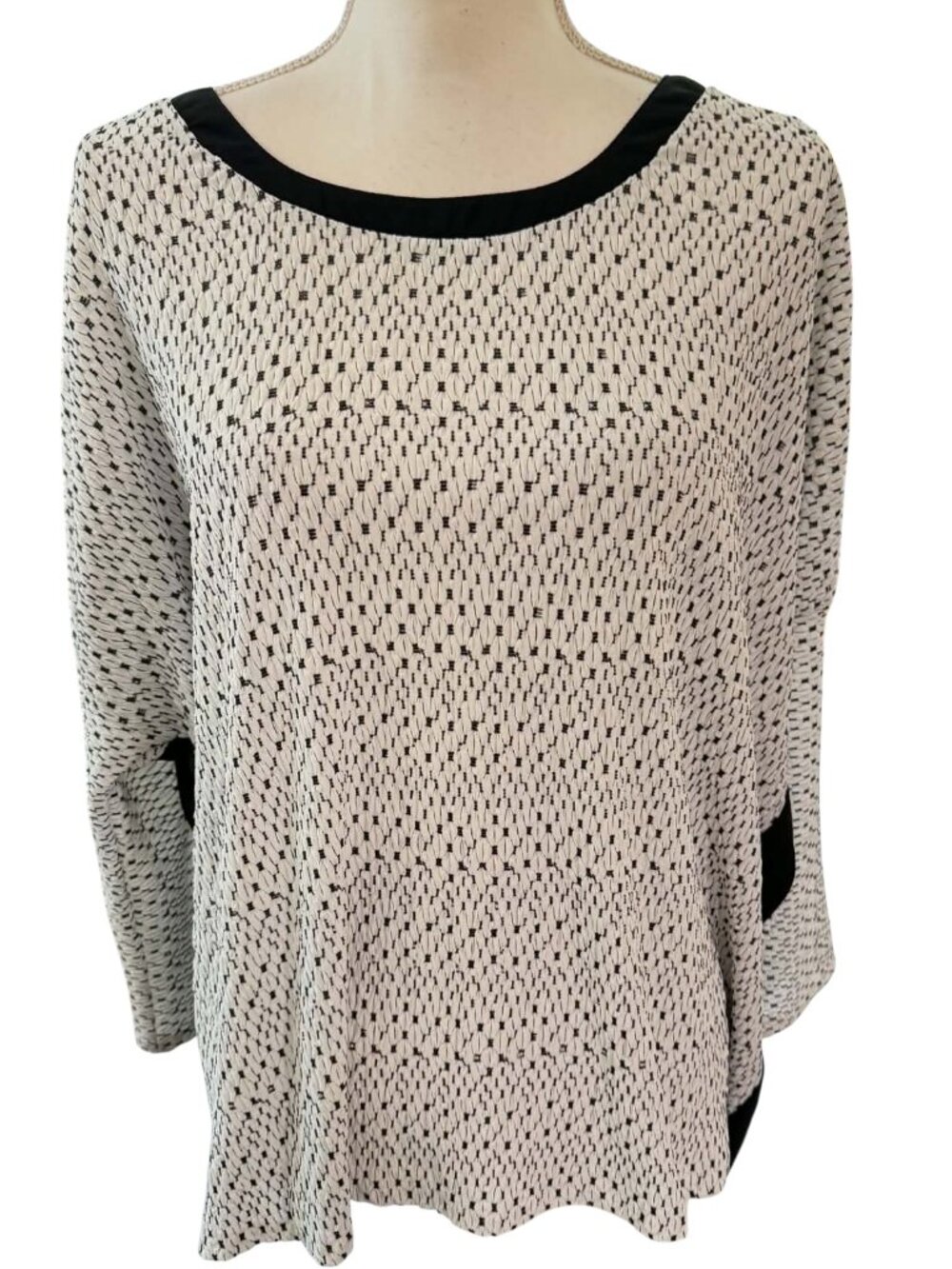 Zenobia Textured Black & White Knit Blouse with Semi Sheer Back